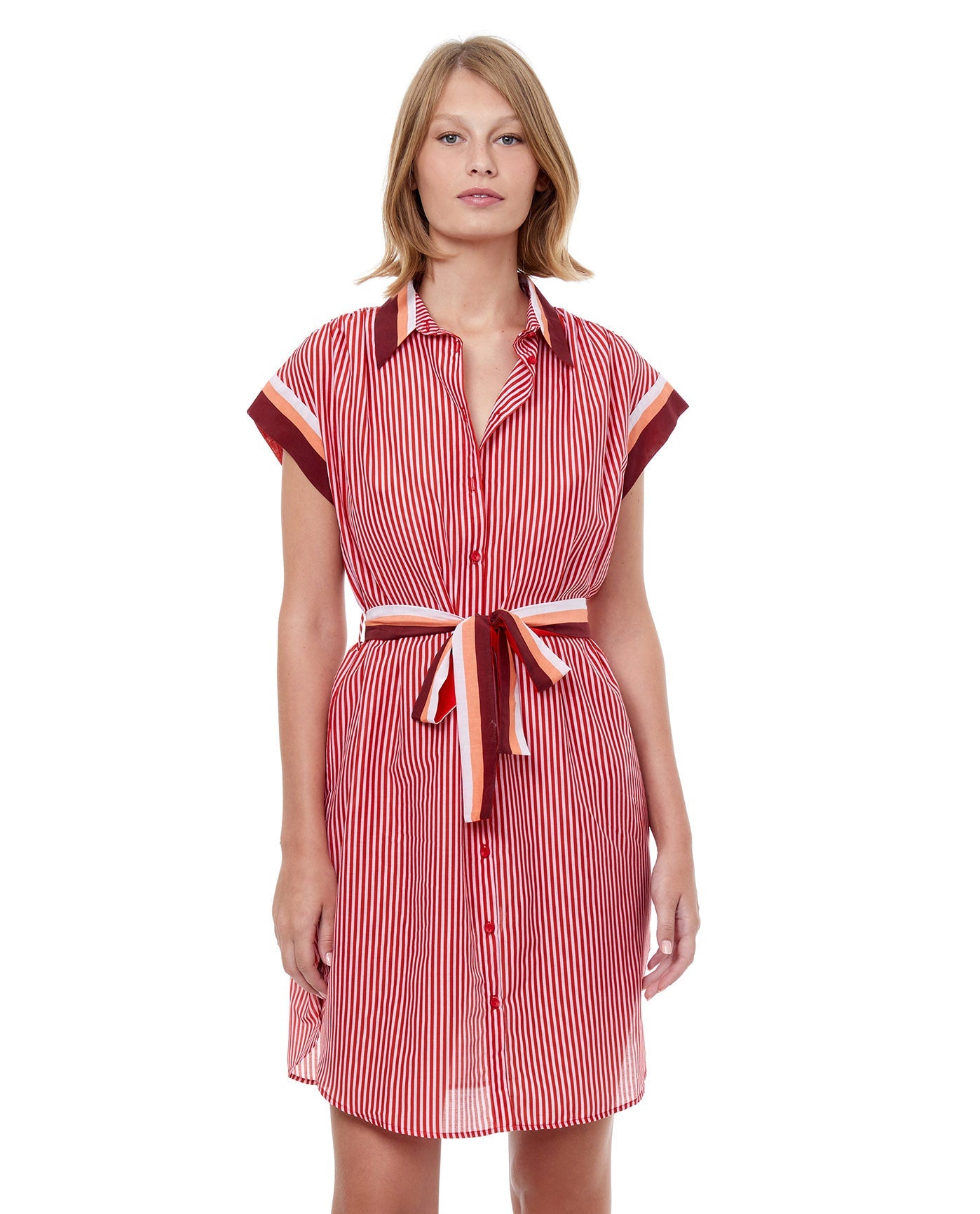 Front View Of Luma Stripes Of Light Cover Up Shirt Dress With Tie | LUMA STRIPES OF LIGHT PEACH