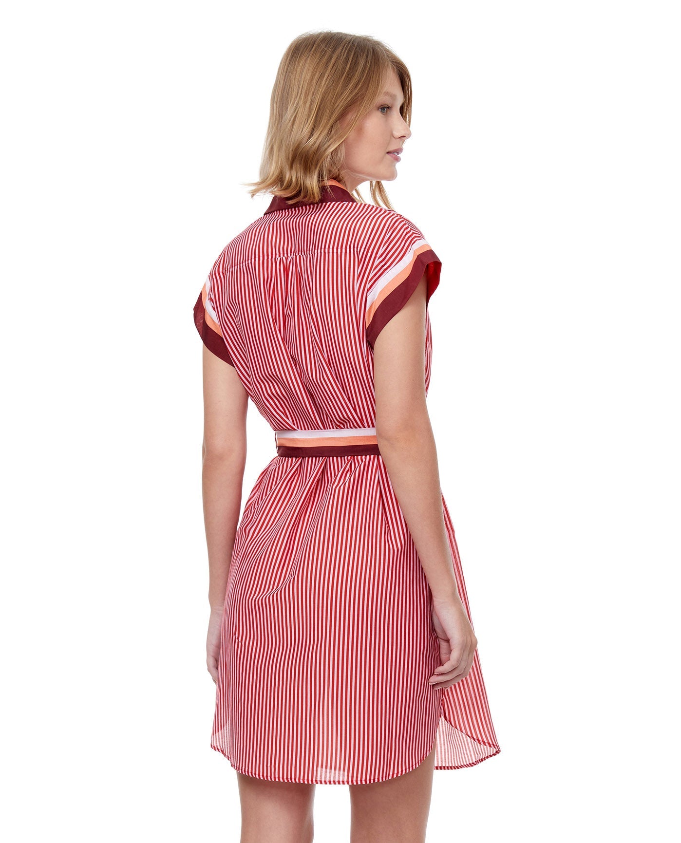 Back View Of Luma Stripes Of Light Cover Up Shirt Dress With Tie | LUMA STRIPES OF LIGHT PEACH