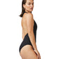 Side View View Of Luma Blair Halter Surplice Sexy Back One Piece Swimsuit | LUMA BLAIR BLACK