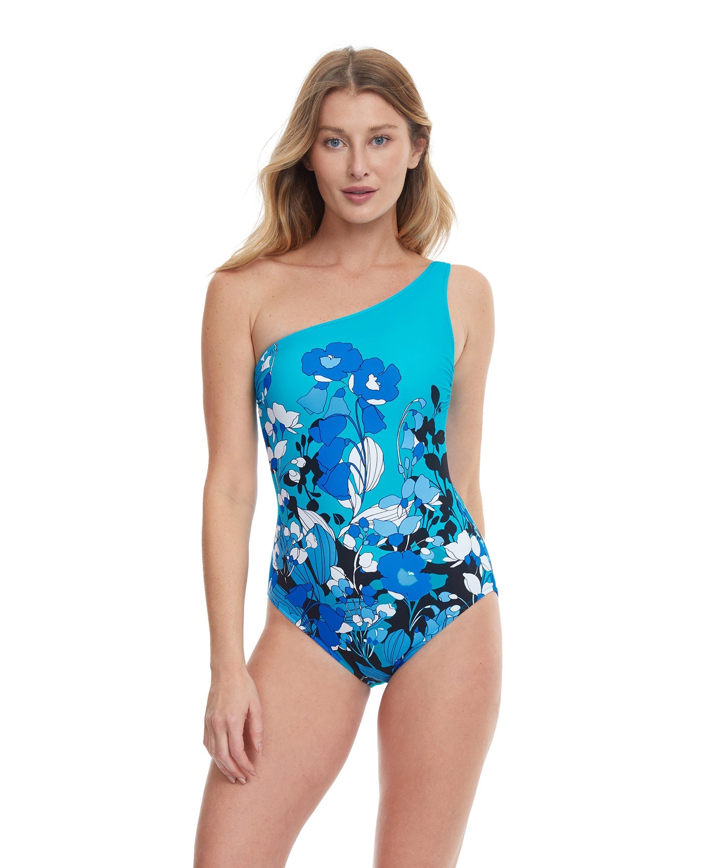 Front View Of Gottex Essentials Floral Art One Shoulder One Piece Swimsuit | Gottex Floral Art Blue