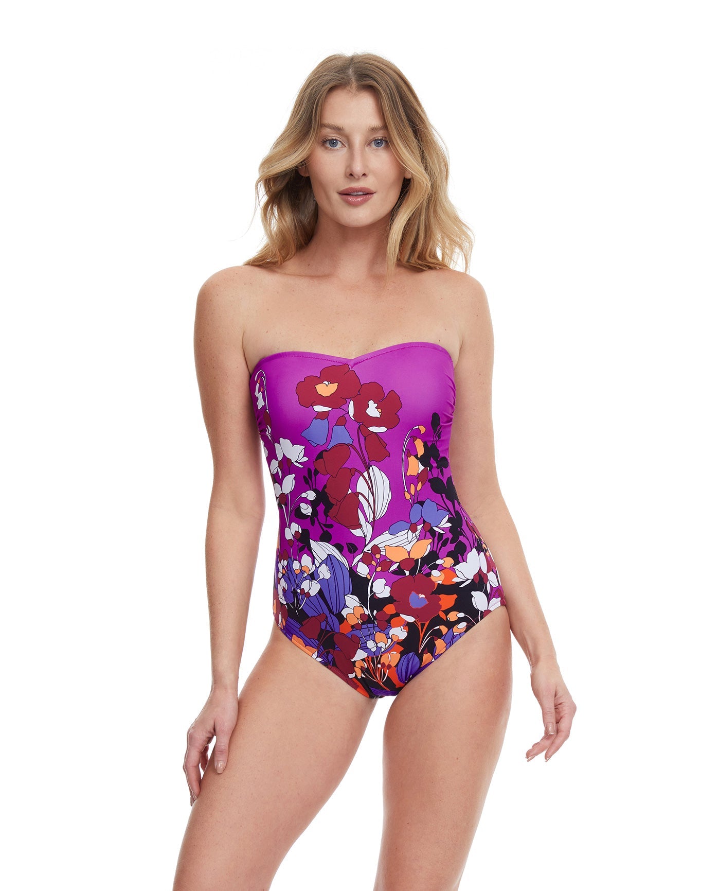 Front View Of Gottex Essentials Floral Art Shaped Bandeau Strapless One Piece Swimsuit | Gottex Floral Art Plum