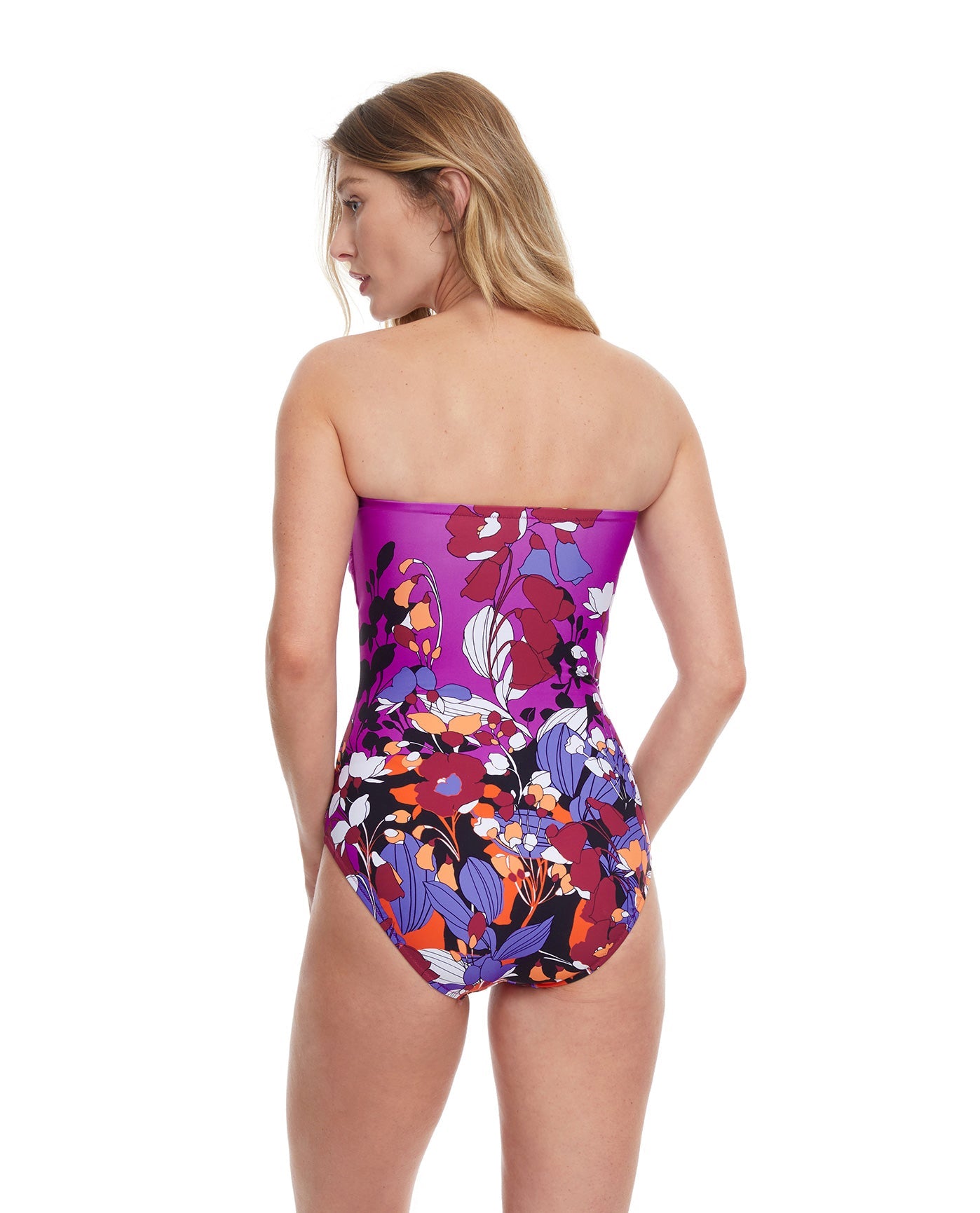 Back View Of Gottex Essentials Floral Art Shaped Bandeau Strapless One Piece Swimsuit | Gottex Floral Art Plum