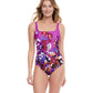 Front View Of Gottex Essentials Floral Art Full Coverage Square Neck One Piece Swimsuit | Gottex Floral Art Plum