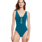 Front View Of Gottex Classic Golden Touch V-Neck One Piece Swimsuit | Gottex Golden Touch Teal