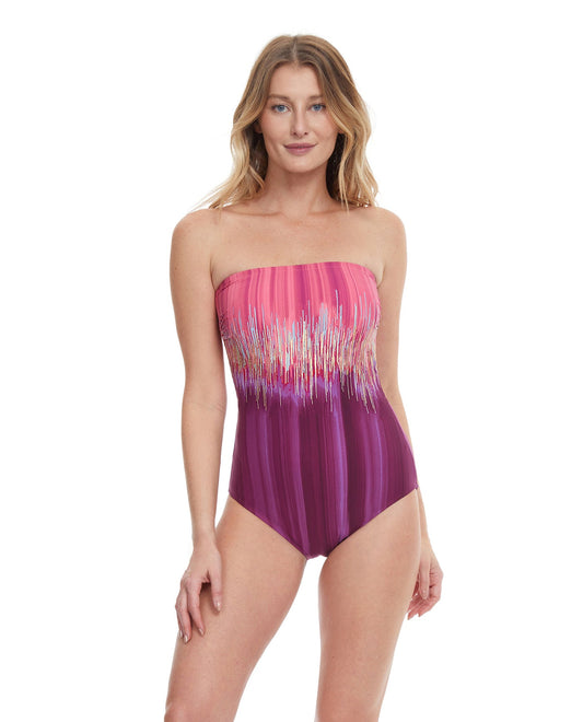 Front View Of Gottex Essentials Moroccan Sky Bandeau Strapless One Piece Swimsuit | Gottex Moroccan Sky Plum