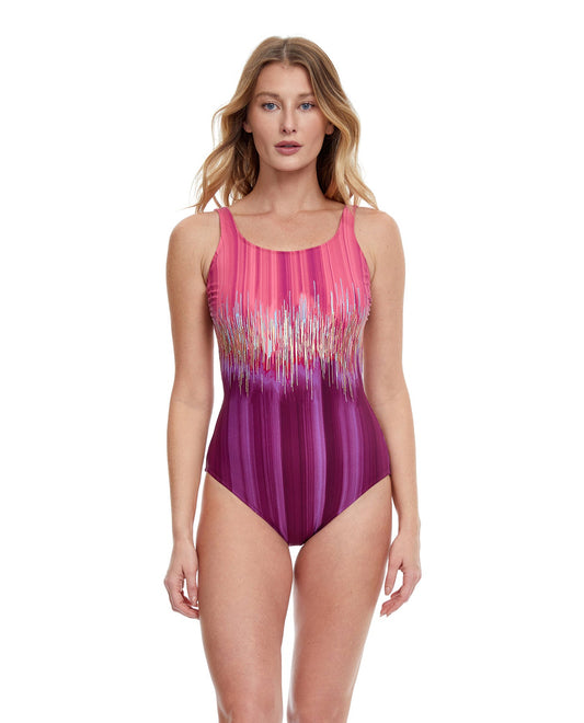 Front View Of Gottex Essentials Moroccan Sky Mastectomy High Neck One Piece Swimsuit | Gottex Moroccan Sky Plum