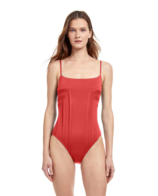 Front View Of Gottex Classic Paloma Shaped Square Neck One Piece Swimsuit | Gottex Paloma Terracotta