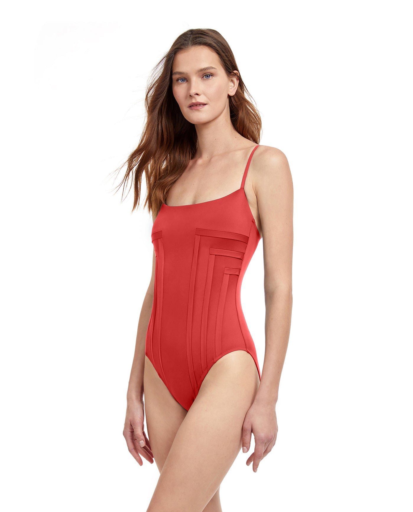 Side View View Of Gottex Classic Paloma Shaped Square Neck One Piece Swimsuit | Gottex Paloma Terracotta