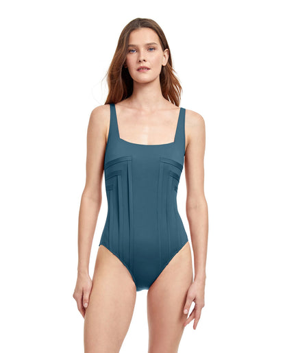 Front View Of Gottex Classic Paloma Full Coverage Square Neck One Piece Swimsuit | Gottex Paloma Leaf