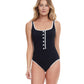 Front View Of Gottex Essentials Sail To Sunset Full Coverage Square Neck One Piece Swimsuit | Gottex Sail To Sunset Black And White