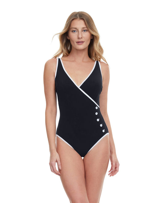 Front View Of Gottex Essentials Sail To Sunset Surplice One Piece Swimsuit | Gottex Sail To Sunset Black And White