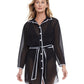 Front View Of Gottex Essentials Sail To Sunset Long Sleeve Belted Beach Blouse | Gottex Sail To Sunset Black And White