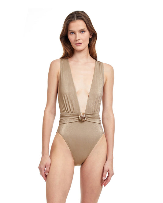 Front View Of Gottex Classic White Sands Deep Plunge One Piece Swimsuit | Gottex White Sands Sand
