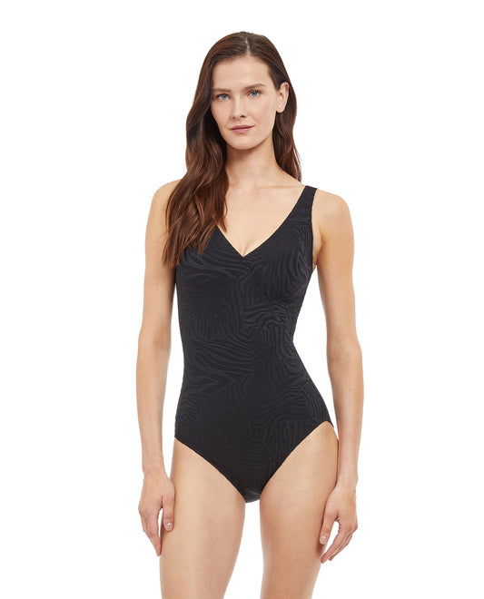 Front View Of Gottex Essentials Full Coverage African Escape V-Neck Surplice One Piece Swimsuit | Gottex African Escape Black