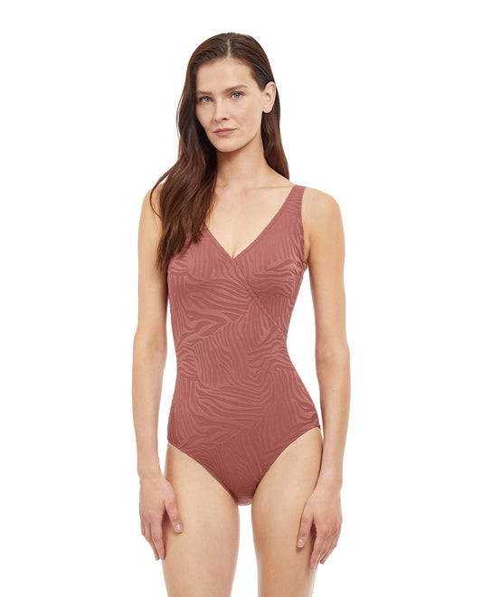 Front View Of Gottex Essentials Full Coverage African Escape V-Neck Surplice One Piece Swimsuit | Gottex African Escape Rose Taupe