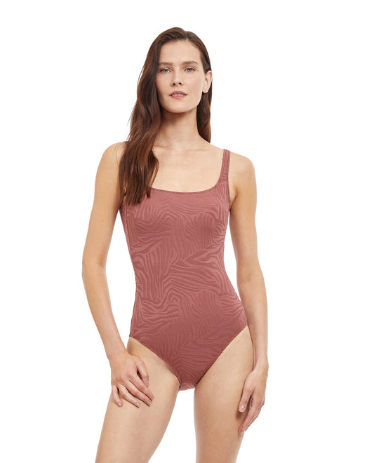 Front View Of Gottex Essentials African Escape Full Coverage Square Neck One Piece Swimsuit | Gottex African Escape Rose Taupe