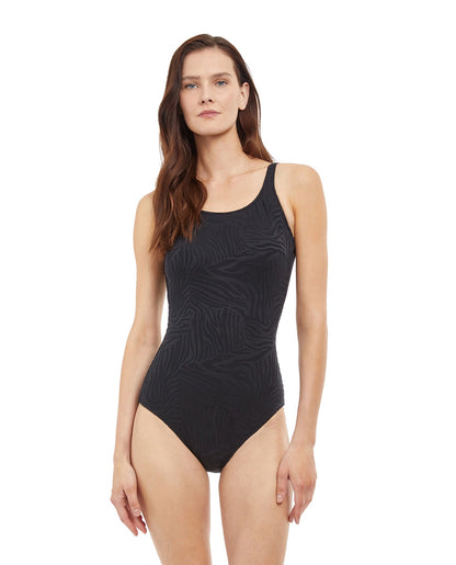 Front View Of Gottex Essentials African Escape Mastectomy High Neck One Piece Swimsuit | Gottex African Escape Black