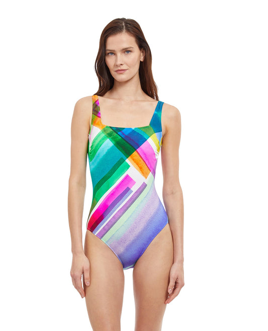 Front View Of Gottex Essentials Diagonal Dreams Full Coverage Square Neck One Piece Swimsuit | Gottex Diagonal Dreams
