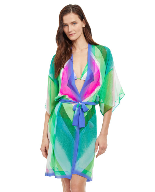 Front View Of Gottex Essentials Diagonal Dreams Belted Kimono Cover Up Dress | Gottex Diagonal Dreams