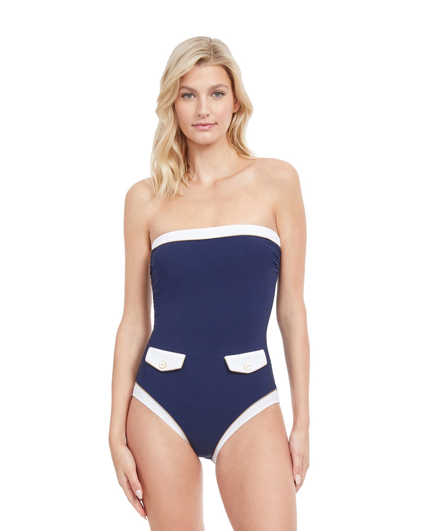 Front View Of Gottex Classic High Class Bandeau Strapless One Piece Swimsuit | Gottex High Class Navy And White