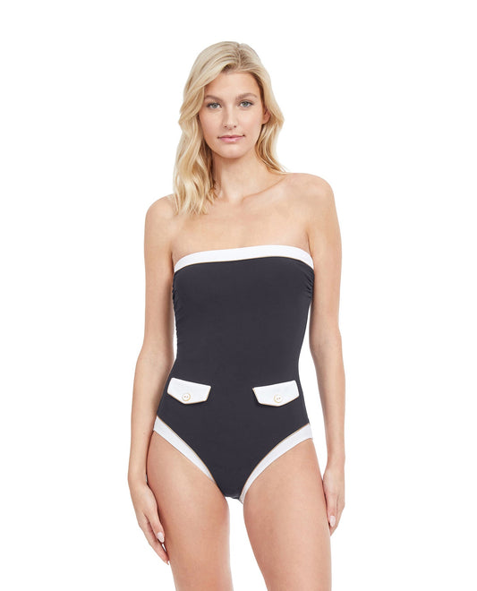 Front View Of Gottex Classic High Class Bandeau Strapless One Piece Swimsuit | Gottex High Class Black And White