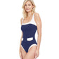 Side View View Of Gottex Classic High Class Full Coverage Square Neck One Piece Swimsuit | Gottex High Class Navy And White