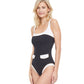 Side View View Of Gottex Classic High Class Full Coverage Square Neck One Piece Swimsuit | Gottex High Class Black And White