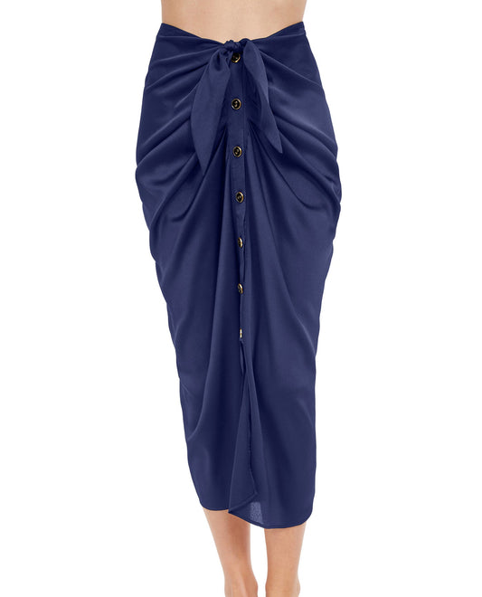 Front View Of Gottex Classic High Class Tied Sarong-Style Cover Up Skirt | Gottex High Class Navy