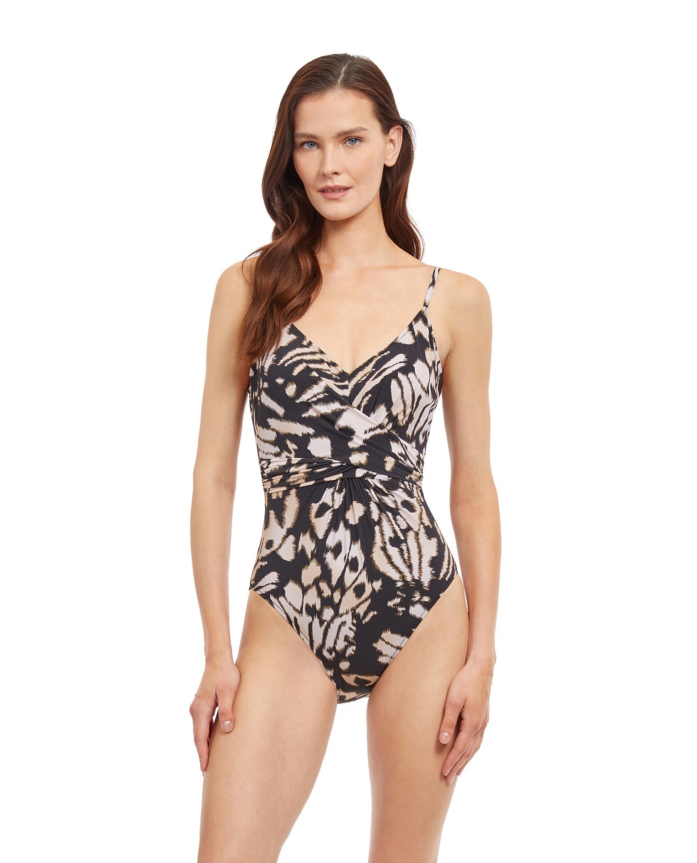 Front View Of Gottex Essentials Miss Butterfly V-Neck Surplice One Piece Swimsuit | Gottex Miss Butterfly Brown