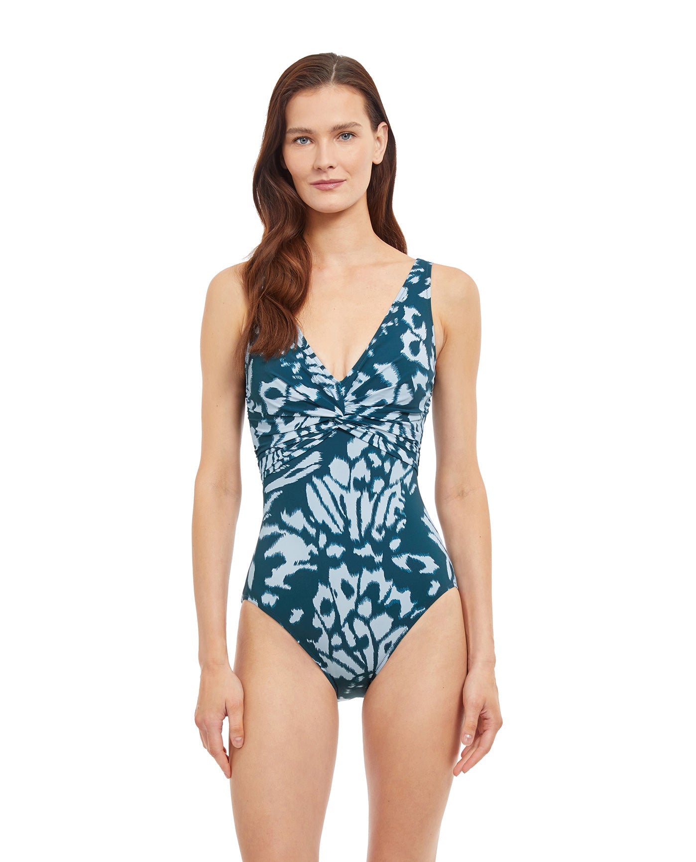 Front View Of Gottex Essentials Full Coverage Miss Butterfly V-Neck Twist One Piece Swimsuit | Gottex Miss Butterfly Blue
