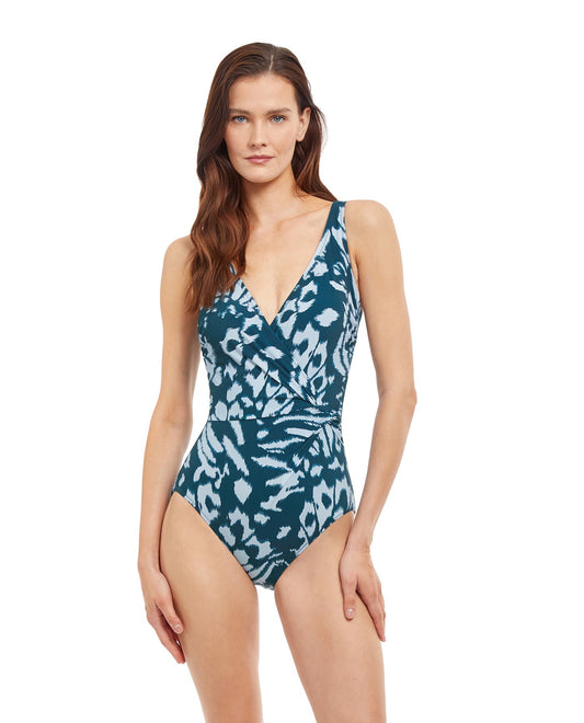 Front View Of Gottex Essentials Miss Butterfly Full Coverage Surplice One Piece Swimsuit | Gottex Miss Butterfly Blue