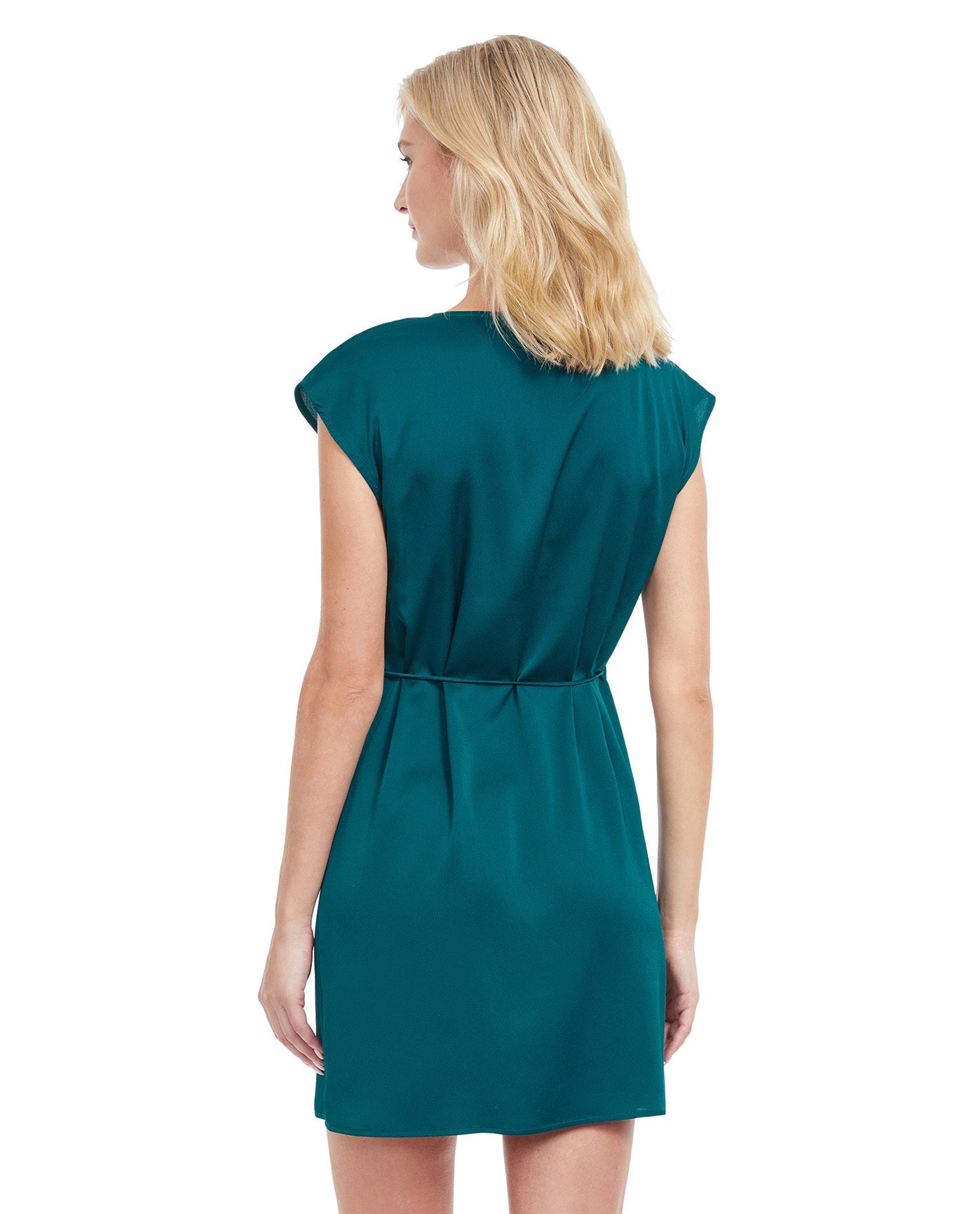 Back View Of Gottex Classic Modern Shades Surplice Wrap Cover Up Beach Dress | Gottex Modern Shades Peacock Solid