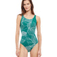 Front View Of Gottex Essentials Natural Essence Mastectomy High Neck One Piece Swimsuit | Gottex Natural Essence Green And White
