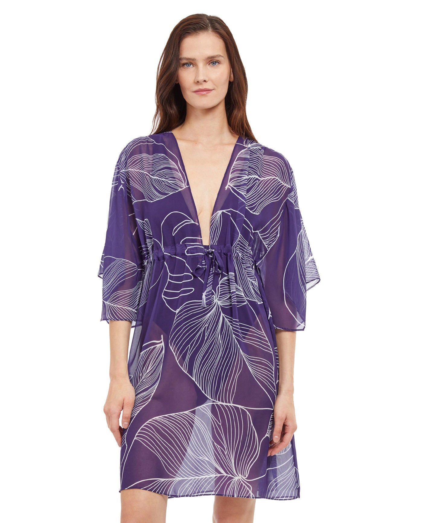 Front View Of Gottex Natural Essence Deep V-Neck Cover Up Dress | Gottex Natural Essence Ink And White
