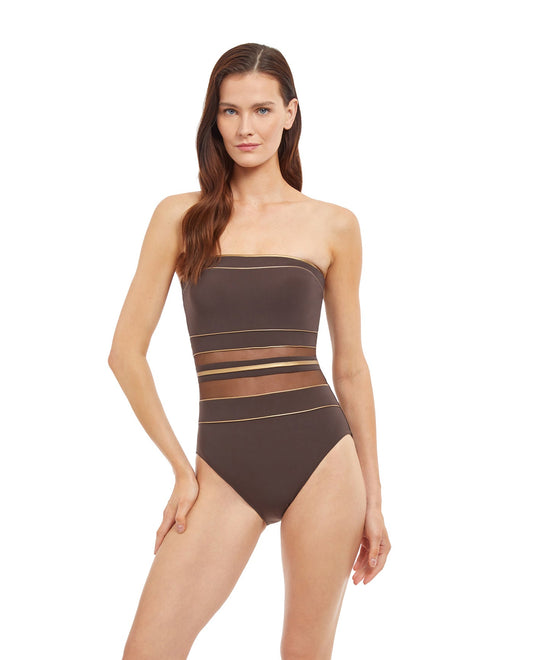 Front View Of Gottex Essentials Onyx Bandeau Strapless One Piece Swimsuit | Gottex Onyx Brown And Gold