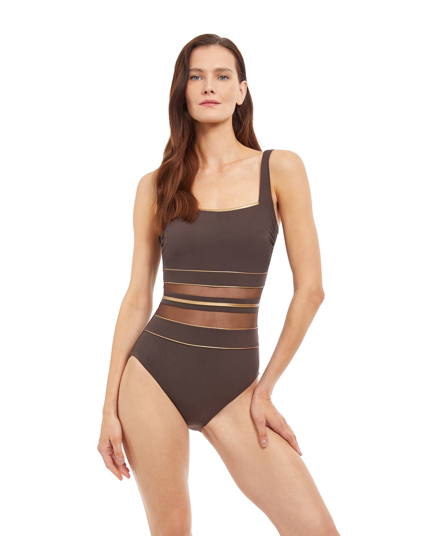 Front View Of Gottex Essentials Onyx Square Neck One Piece Swimsuit | Gottex Onyx Brown And Gold