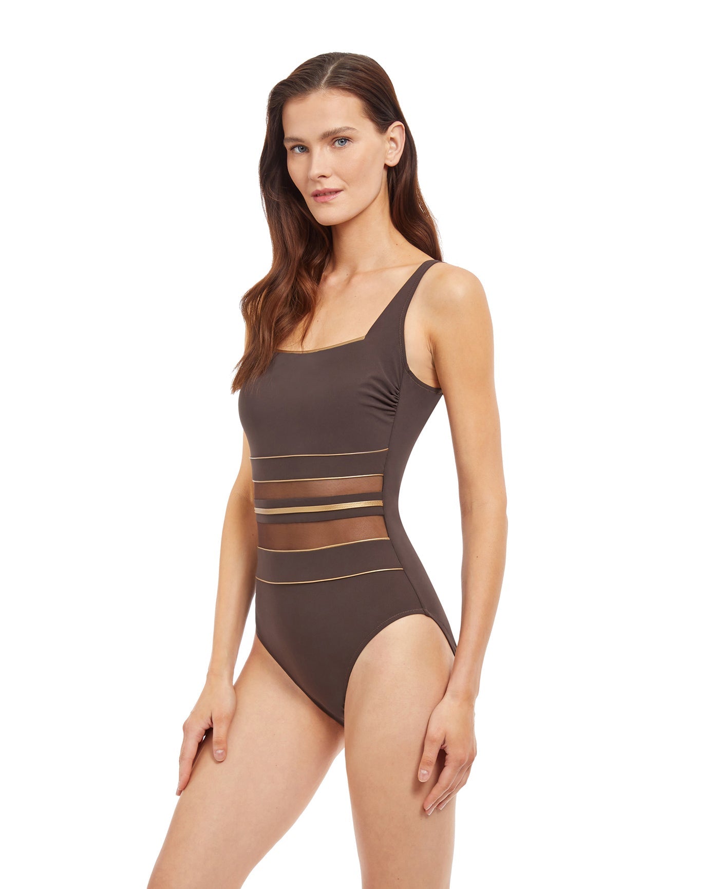 Side View View Of Gottex Essentials Onyx Square Neck One Piece Swimsuit | Gottex Onyx Brown And Gold