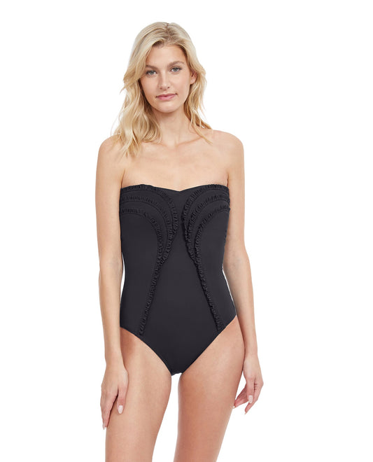 Front View Of Gottex Classic Queen Of Paradise Bandeau One Piece Swimsuit | Gottex Queen Of Paradise Black