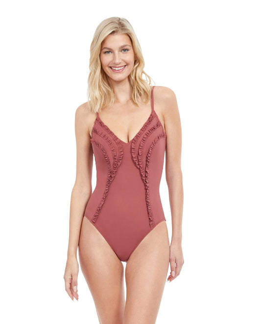 Front View Of Gottex Classic Queen Of Paradise V-Neck One Piece Swimsuit | Gottex Queen Of Paradise Rose Taupe