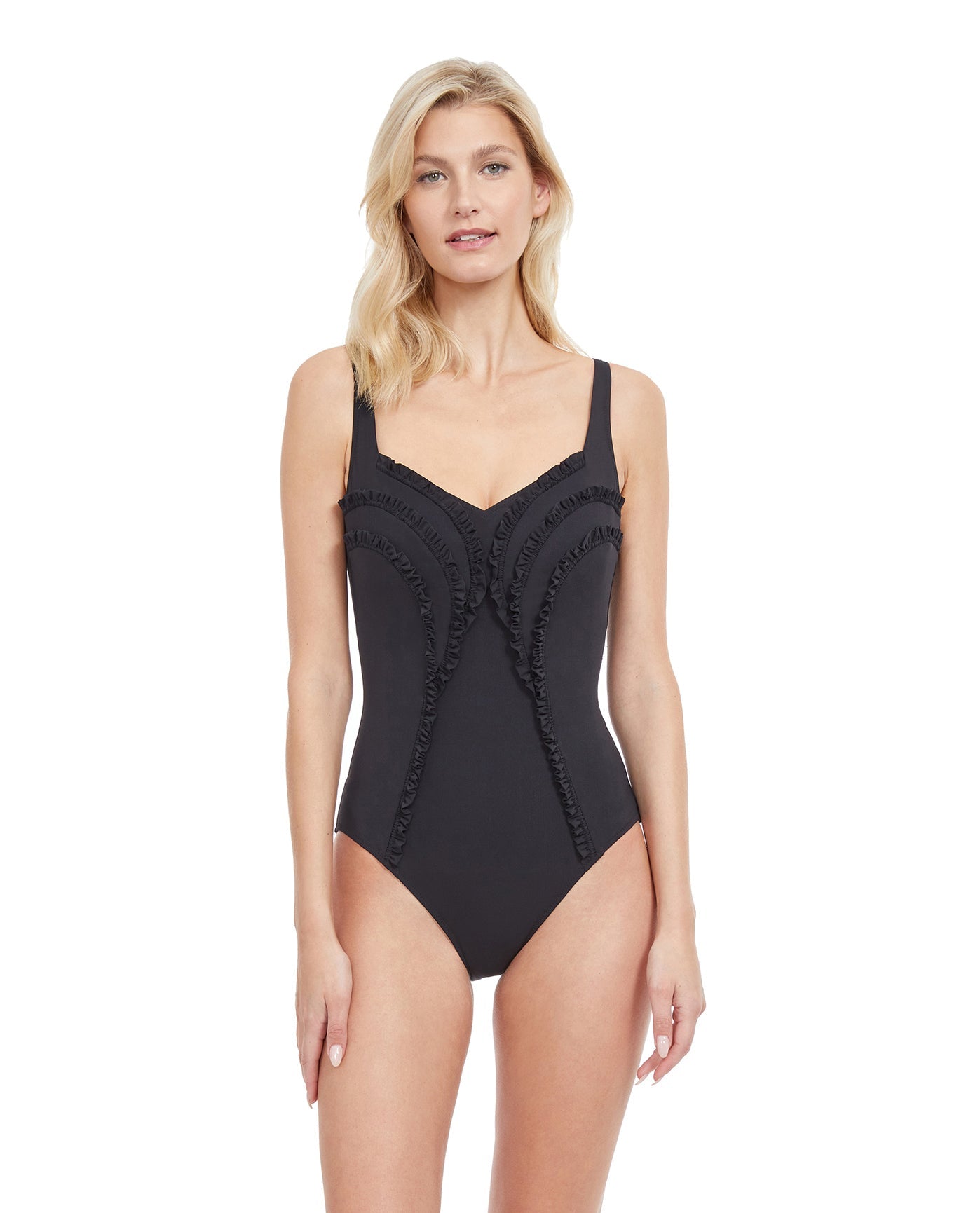Front View Of Gottex Classic Queen Of Paradise Shaped Square Neck One Piece Swimsuit | Gottex Queen Of Paradise Black