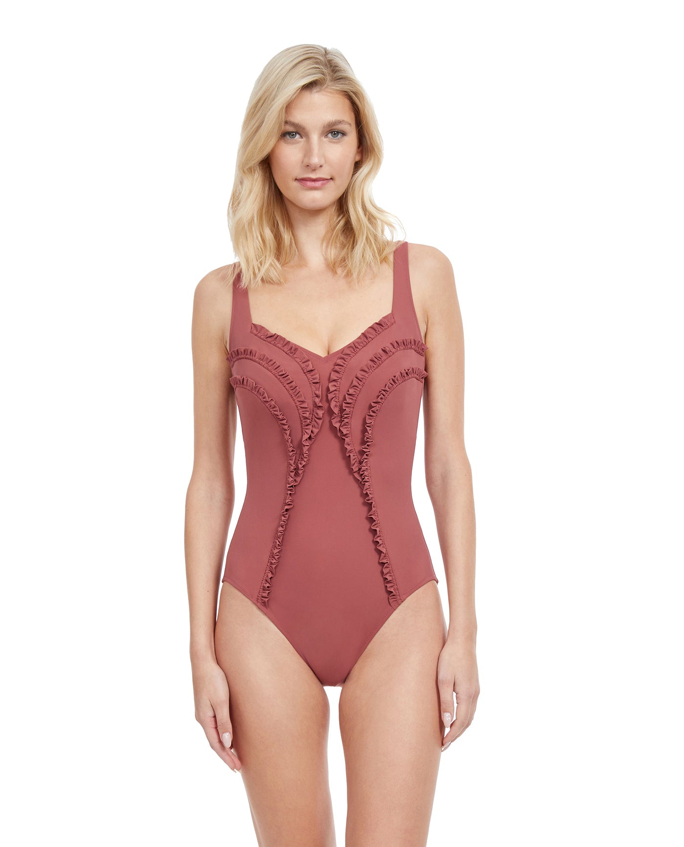 Front View Of Gottex Classic Queen Of Paradise Shaped Square Neck One Piece Swimsuit | Gottex Queen Of Paradise Rose Taupe