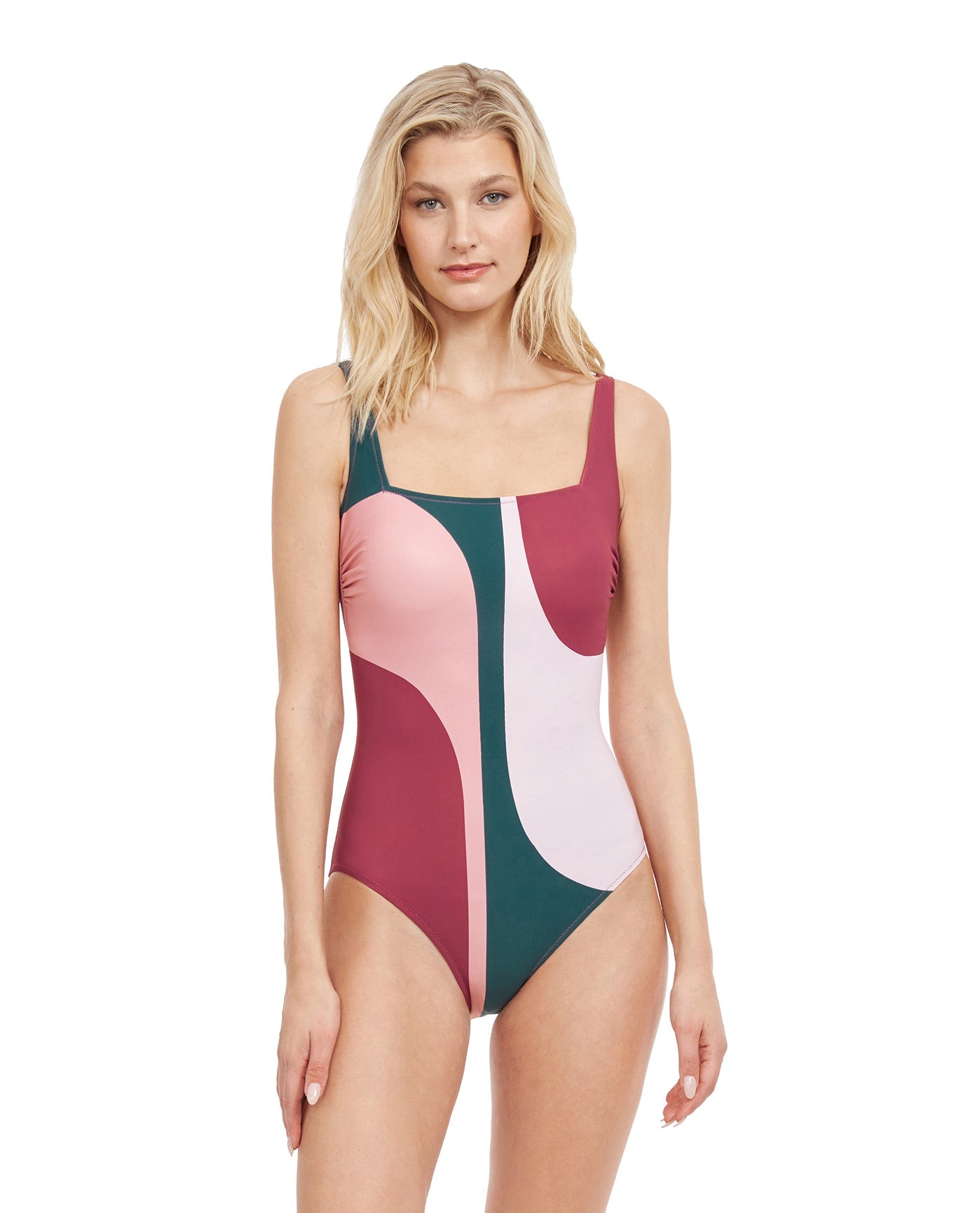 Front View Of Gottex Classic Retro Groove Full Coverage Square Neck One Piece Swimsuit | Gottex Retro Groove Pink
