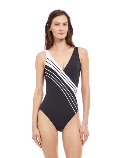 Front View Of Gottex Essentials Simple Elegance Full Coverage Surplice One Piece Swimsuit | Gottex Simple Elegance Black And White