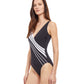 Side View View Of Gottex Essentials Simple Elegance Full Coverage Surplice One Piece Swimsuit | Gottex Simple Elegance Black And White