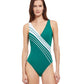 Front View Of Gottex Essentials Simple Elegance Full Coverage Surplice One Piece Swimsuit | Gottex Simple Elegance Green And White