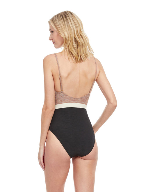 Gottex Swimwear Sands Metallic Sheen Deep Plunge One-Piece Swimsuit 23WS002  New