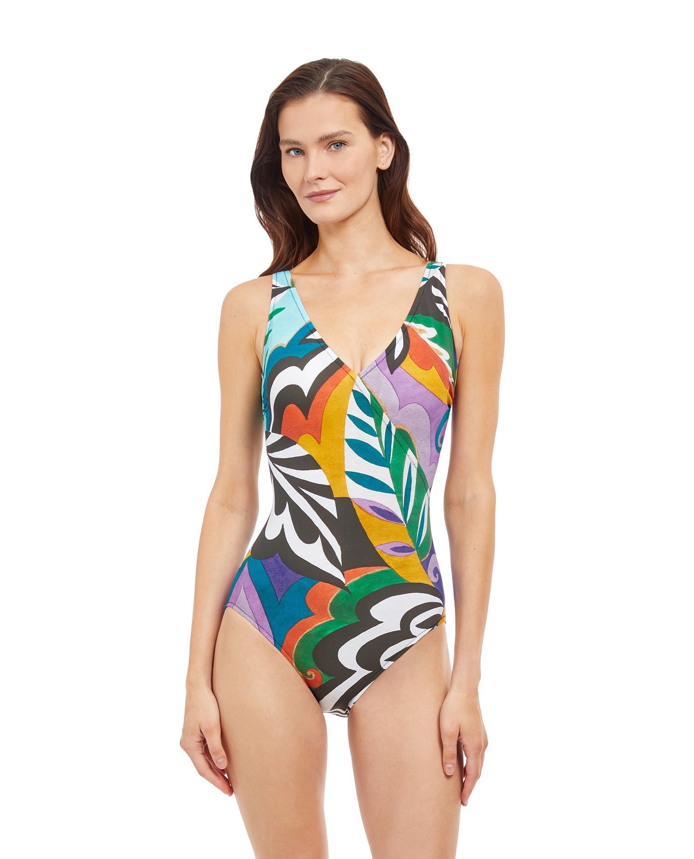 Front View Of Gottex Essentials Tribal Art Full Coverage V-Neck Surplice One Piece Swimsuit | Gottex Tribal Art