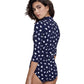 Back View Of Gottex Modest High Neck Long Sleeve One Piece | GOTTEX MODEST NAVY AND WHITE