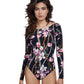 Front View Of Gottex Modest Round Neck Long Sleeve One Piece | GOTTEX MODEST FLORAL BLACK