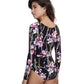 Back View Of Gottex Modest Round Neck Long Sleeve One Piece | GOTTEX MODEST FLORAL BLACK